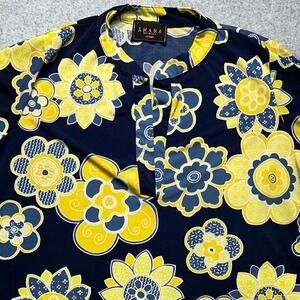 Amana Floral Blouse Split Neck Womens Medium Blue Yellow Retro Mod Made in USA
